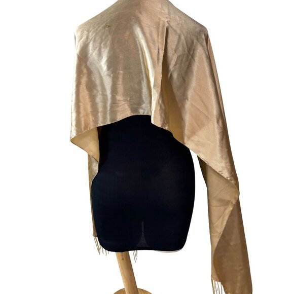 Metallic Gold Satin Evening Wrap With Fringe Edges - Picture 3 of 7